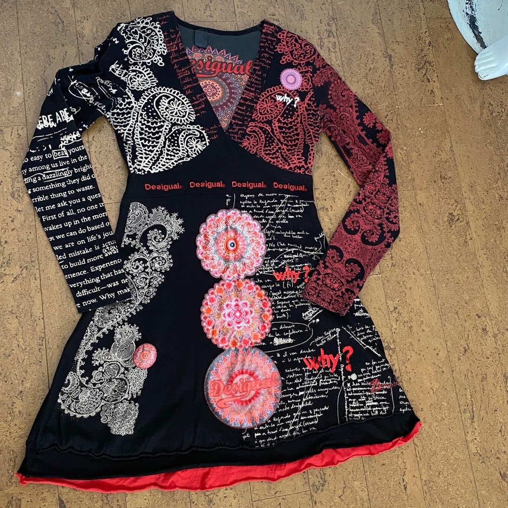 Desigual Black and Red Artistic Long Sleeve Dress Fit & Flare Midi V-Neck Med - Picture 16 of 17